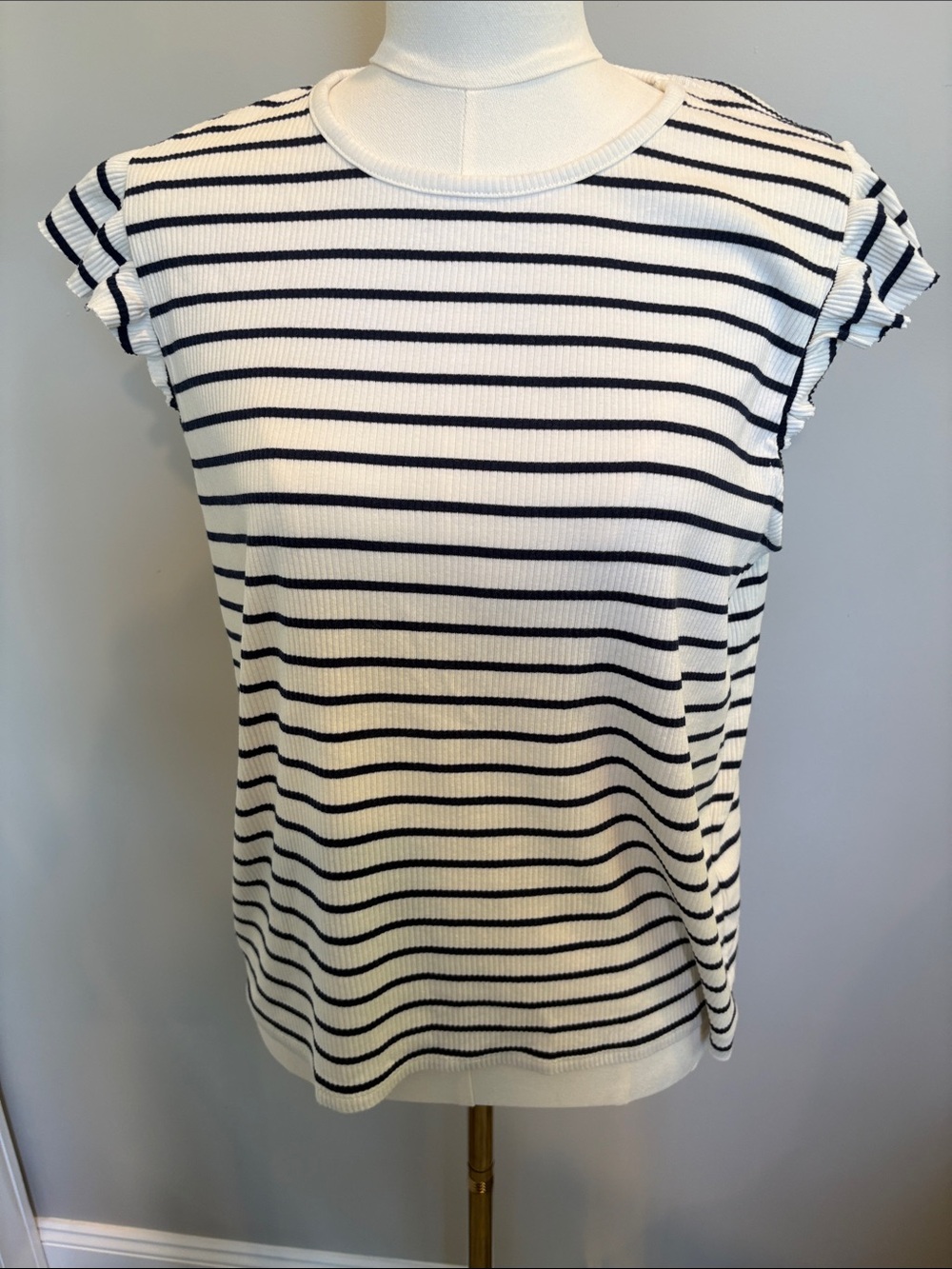 J.Crew Navy & White Striped Ribbed Flutter Sleeve Top XL
